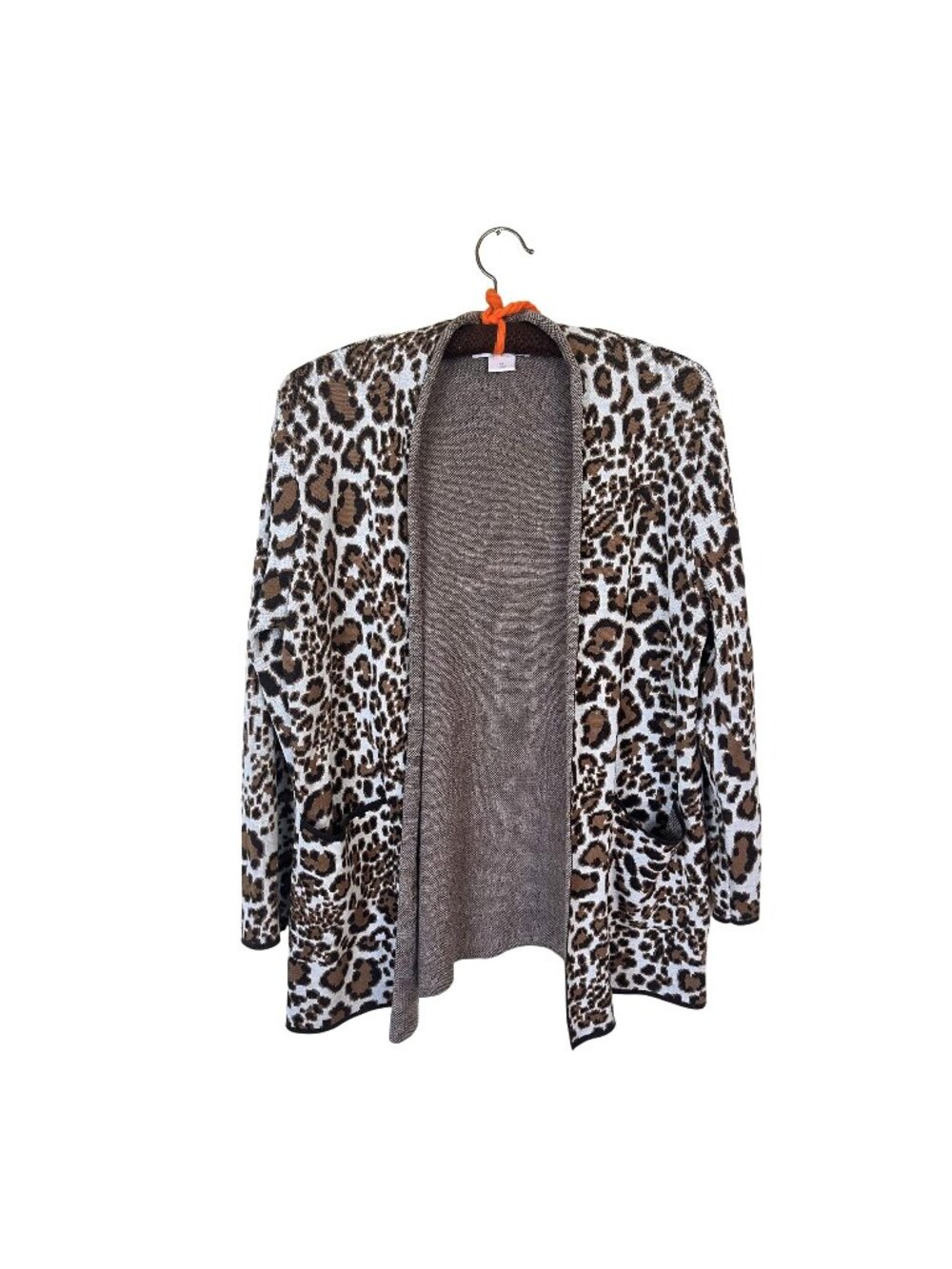Womens Leopard Print Cardigan Sweater Open Front Pockets Medium Allison Daley